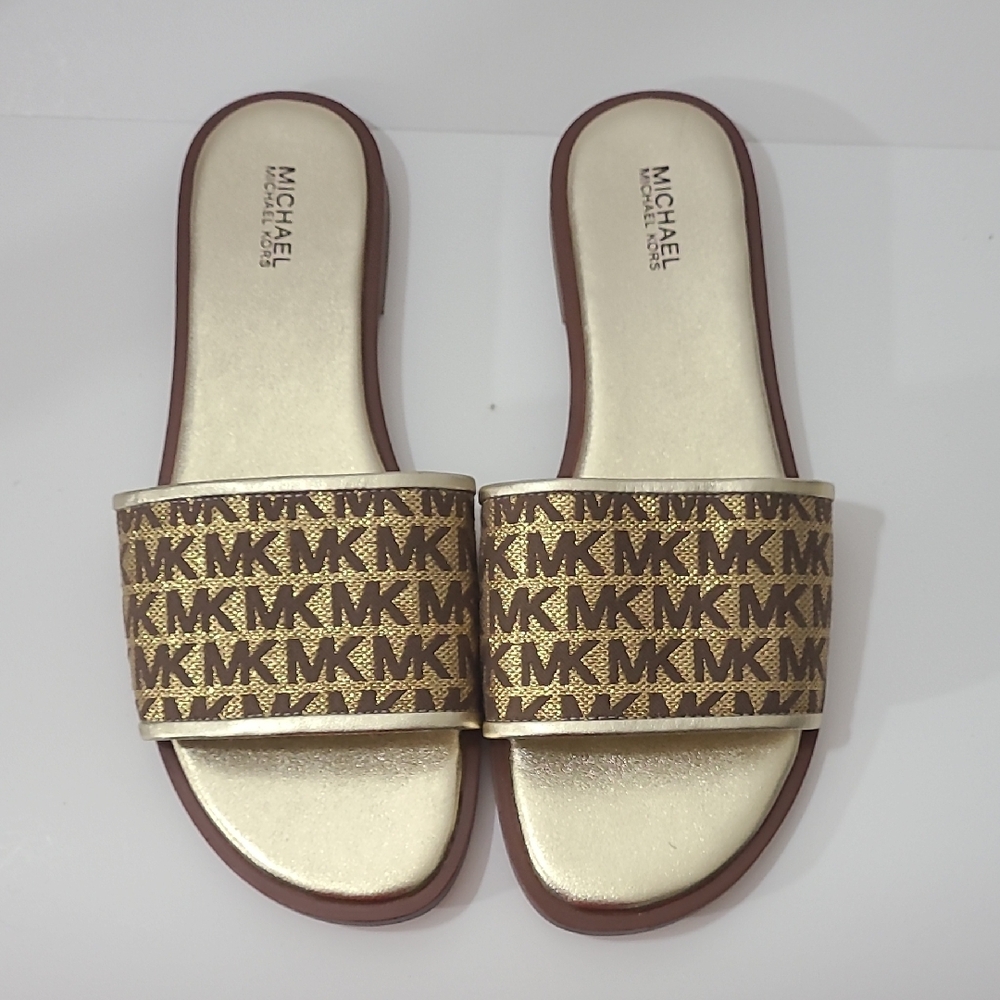 Michael Kors Gold and Brown Logo Slide Sandals